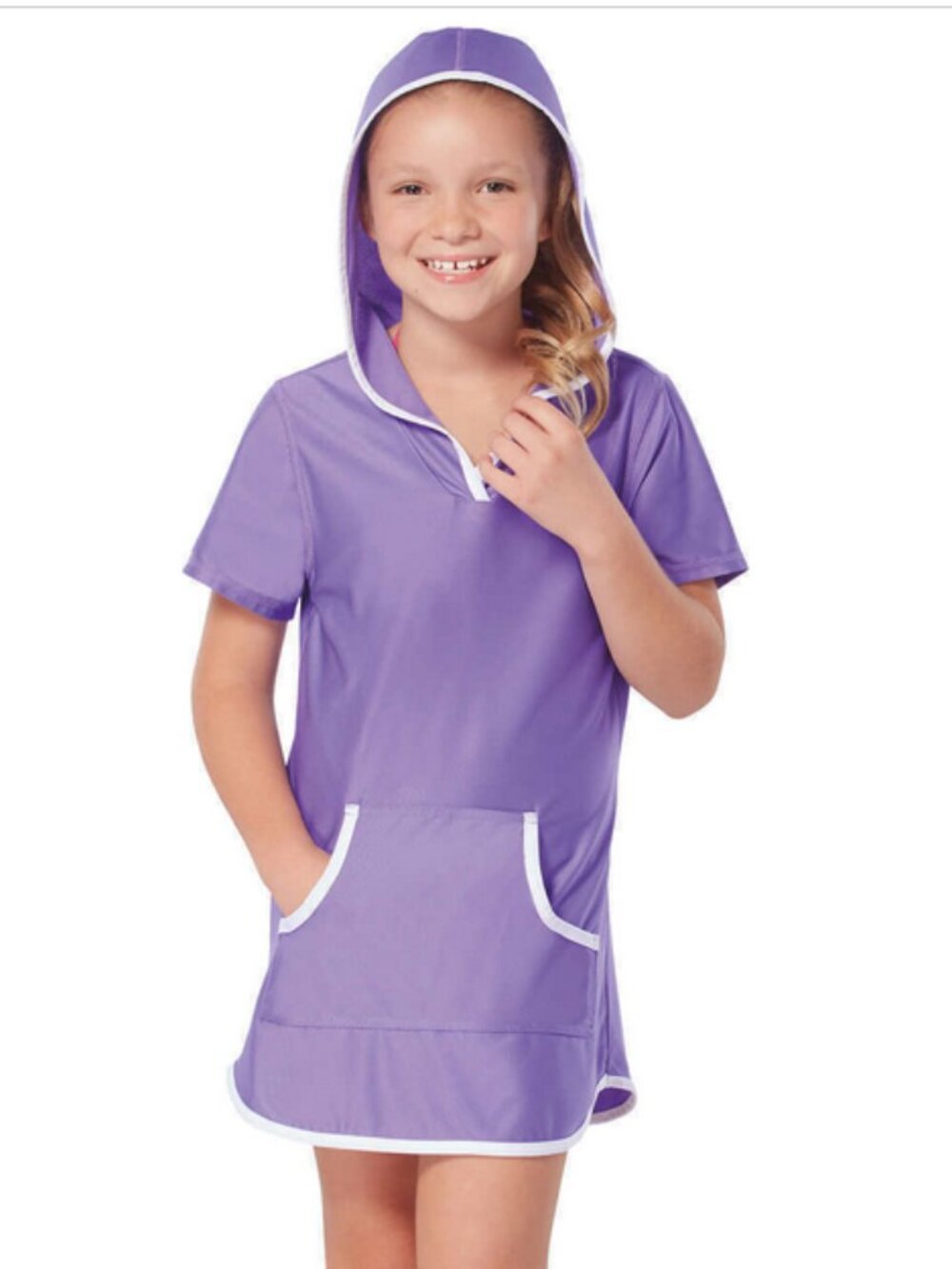 Free Country Youth Girl's Swim Sun Mesh Hooded Kangaroo Cover Up ULTRAVIOLET L